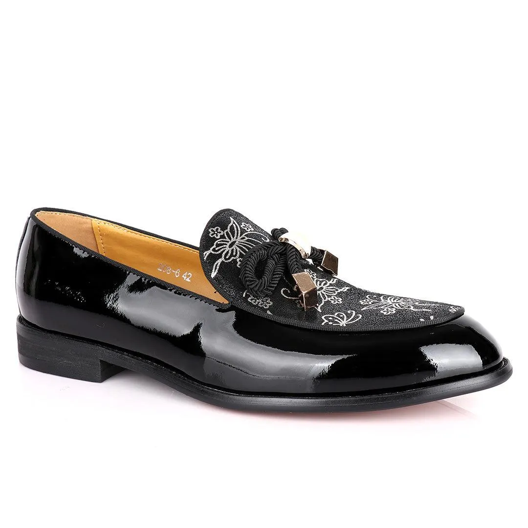 John Foster Wetlips With Woven Tassel Flowered Print Shoe-Black